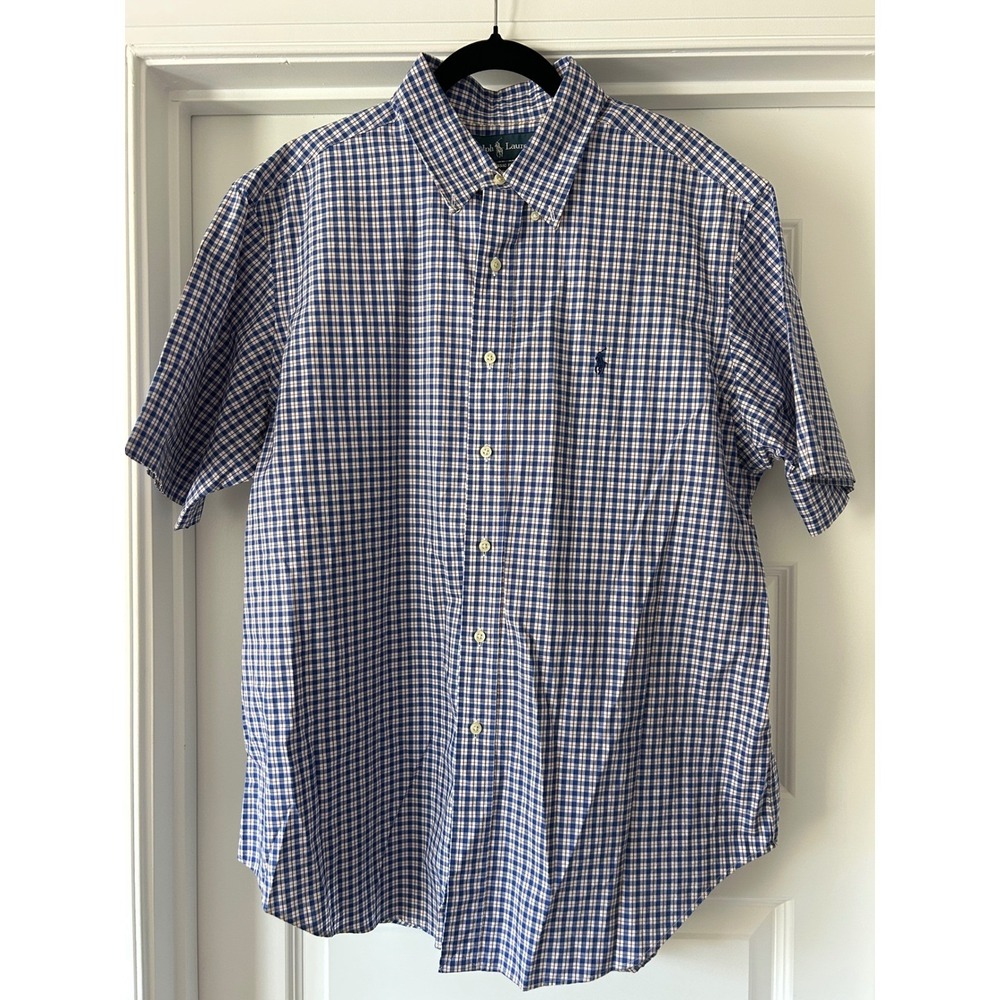 Ralph Lauren Classic Fit Mens XL Short Sleeve Plaid Button Down Shirt Blue Red